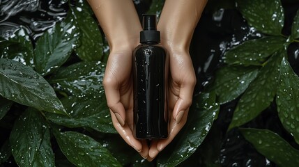 In the hands of the girl is a black bottle of shampoo without a label on a background of leaves