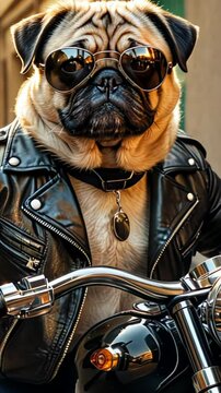 A stylish pug wearing a black leather jacket and sunglasses, exuding confidence and attitude. A fun mix of fashion and pet personality. Concept of trendy pet fashion and humor