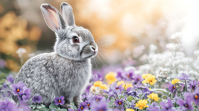 Adorable gray bunny rabbit sitting amidst a vibrant field of purple and yellow wildflowers. Perfect for Easter, spring, pet, or nature themes. Soft lighting creates a dreamy, idyllic scene. - Powered by Adobe