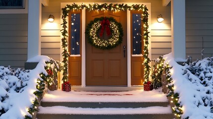 Festive home entrance warmly decorated house front door with a Christmas wreath garland lights and fresh snowfall on the steps