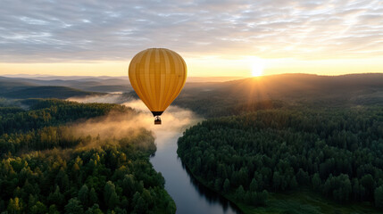 Obraz premium serene hot air balloon ride at sunrise over misty forest landscape