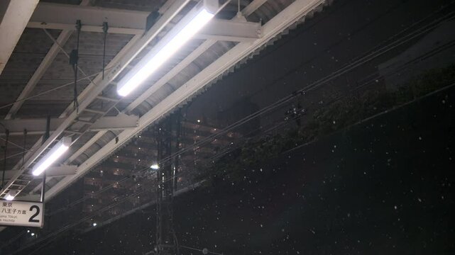雪の降る誰もいない夜の駅のホーム　線路・冬・寒い