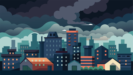 The urban sprawl appeared almost menacing as it lay in the shadow of dark heavy clouds hinting at the underlying issues of economic and social unrest that simmered beneath its. Vector illustration