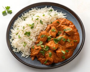 Fototapeta premium Delicious Butter Chicken with Basmati Rice – A rich, creamy Indian curry served with fragrant basmati rice, garnished with fresh cilantro and spices, presented on a rustic wooden table