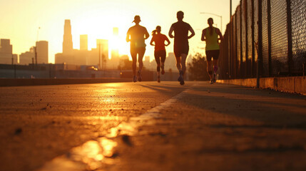 Friends Running Together on Urban Track at Sunset with City Skyline in Background