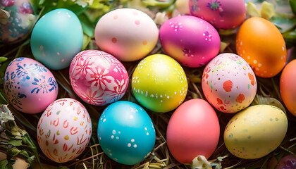 Fototapeta premium Vibrant pastel Easter eggs, delicately decorated with floral and polka dot patterns, nestled in hay. Perfect for spring celebrations, cards, and holiday marketing.