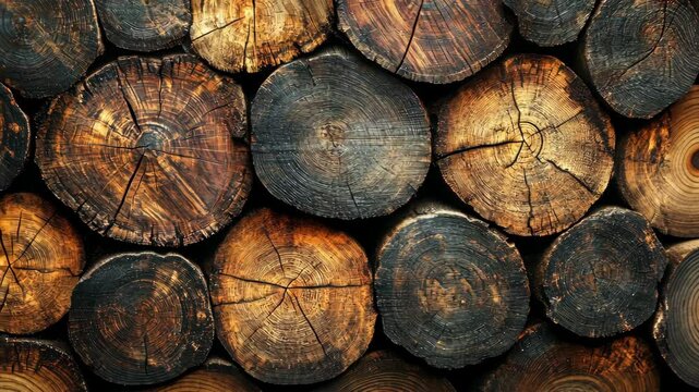 Closeup rotating view of stacked rustic timber logs with rich textures and natural patterns