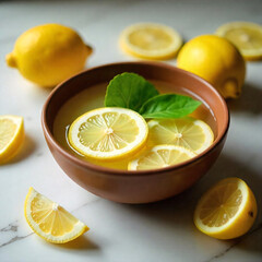 Rustic Lemon slices in a Bowl, surrounded by lemons. cinematic top view Flat lay