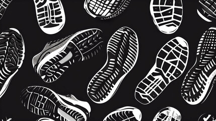 High-contrast black and white pattern of shoe sole imprints on a dark background