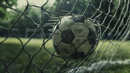 Worn-out soccer ball stuck in a chain-link goal net on a weathered field