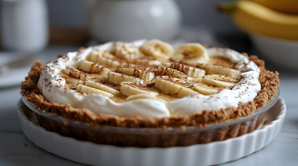 Delicious Banoffee Pie with Creamy Banana and Toffee Topping on a White Plate