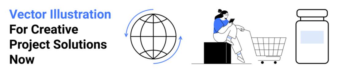 Woman using smartphone near cart, representation of global connectivity, and medicine container. Ideal for e-commerce, technology, healthcare, logistics, online shopping, modern solutions flat