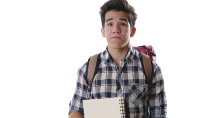 Puzzled student holding notebook with transparent background