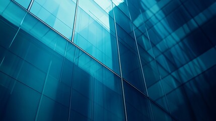 Obraz premium Modern glass skyscraper closeup reflecting city skyline, corporate finance background