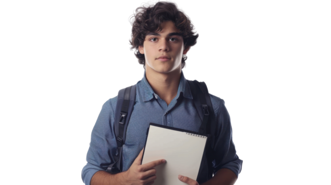 Confident university student holding notebook with transparent background