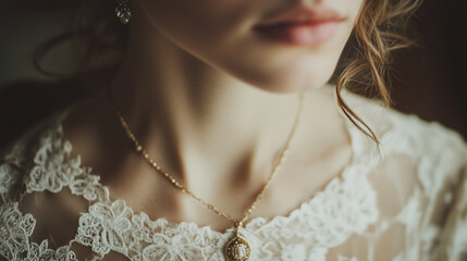 Woman showcasing vintage jewelry details with antique lace, her beauty and grace captured in timeless moment of elegance