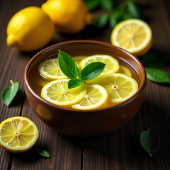 Rustic Lemon slices in a Bowl, surrounded by lemons. cinematic top view Flat lay