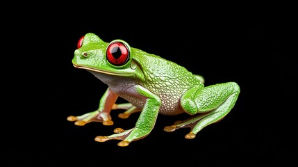 Obraz premium A vibrant green frog with striking red eyes against black background