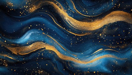 Abstract swirling blue and gold marbled design