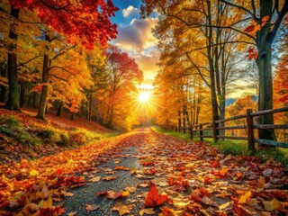 Naklejka premium Crisp autumn air, vibrant foliage, and a rustic pathway lead through a magical forest, capturing stunning nature's scenery.