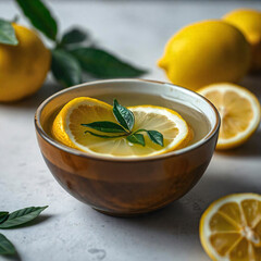 Rustic Lemon slices in a Bowl, surrounded by lemons. cinematic top view Flat lay