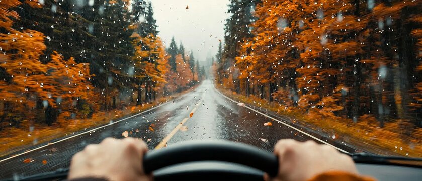 A close-up of hands on a steering wheel during a rainy drive in a vibrant autumn landscape.