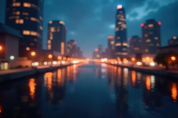 Fototapeta premium Abstract blurred cityscape with glowing financial icons , global, progress, concept