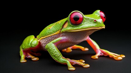 A vibrant green frog with bright red eyes posing proudly on a surface