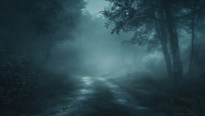 Fototapeta premium Mysterious Foggy Forest Path: A Serene, Eerie Nighttime Walk Through Misty Woods