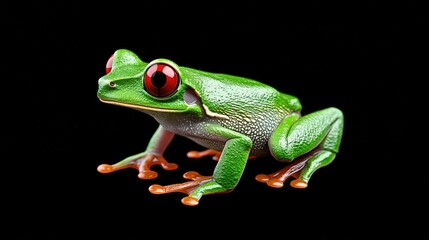Obraz premium A bright green frog with striking red eyes on black background