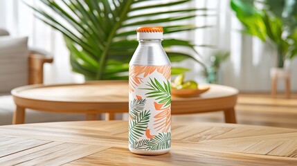 Clear soft drink bottle on a table with a colorful label design perfect for refreshment and beverage photography