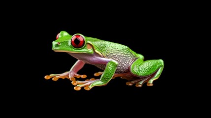 Obraz premium A brightly colored frog with vivid red eyes on black background