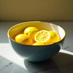 Rustic Lemon slices in a Bowl, surrounded by lemons. cinematic top view Flat lay