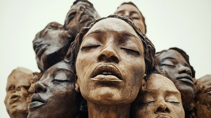 Fototapeta premium Sculpture depicting multiple serene faces in an artistic arrangement, symbolizing unity and emotion