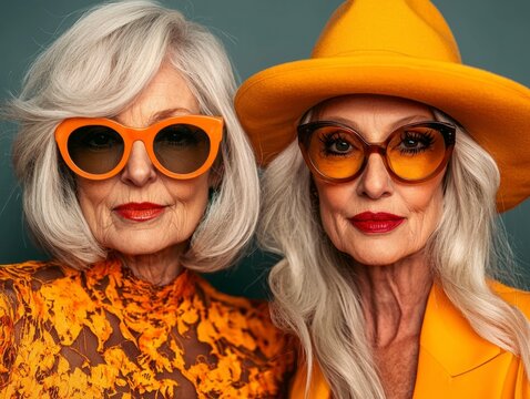Two elegant senior women exude confidence and style as they try on vibrant, fashion-forward outfits Their playful experimentation reflects a joyous embrace of aging and a celebration of individuality