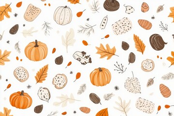 Autumnal pumpkin and leaf pattern on white background