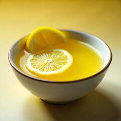 Lemon slices in a glass bowl cinematic shot yellow background