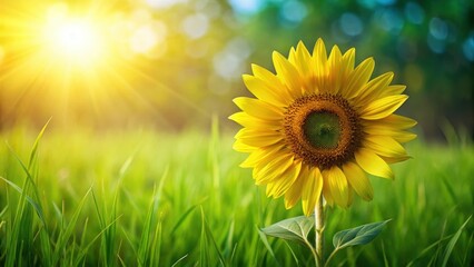 Obraz premium Vibrant sunflower blooming over lush green grass background, sunflower, bloom, vibrant, green grass, background, nature, floral