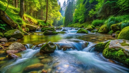 Obraz premium Crystal clear natural spring water flowing from a rocky mountain stream in a lush green forest , refreshing, pure, clean