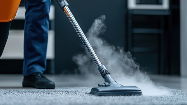 Person utilizing a steam cleaner on a carpet for deep cleaning in a cozy living room environment with attention