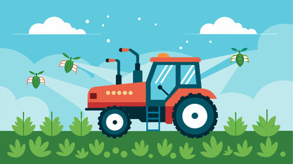 Using machine learning algorithms a hightech tractor is able to detect and spray herbicides only on the areas where pests are present reducing unnecessary chemical usage.. Vector illustration