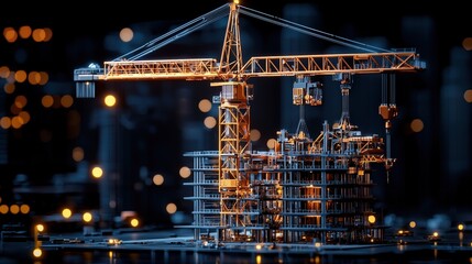 Dynamic construction site with a crane assembling a massive structure under high-tech environment and innovative design