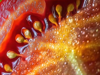 Vibrant macro shot of a fresh organic tomato, highlighting its juicy texture and rich red color. A perfect close-up for food, health and organic lifestyle themes.