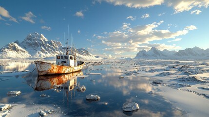 Obraz premium A lone weathered fishing boat rests among the icy fjords and majestic snow capped mountains of the remote Arctic region surrounded by a serene yet melancholic atmosphere