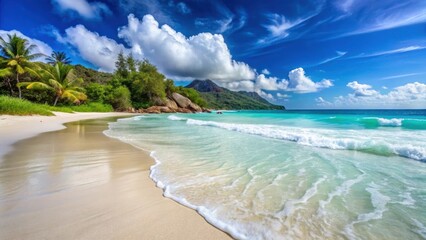 Obraz premium Crystal clear waves gently washing onto a pristine white sandy beach in Seychelles , Seychelles, waves, beach