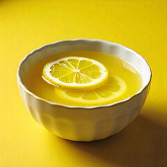 Lemon slices in a glass bowl cinematic shot yellow background