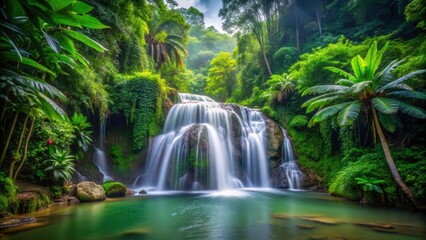Obraz premium Tropical waterfall in lush jungle with long exposure creating a motion blur effect , tropical, waterfall, jungle