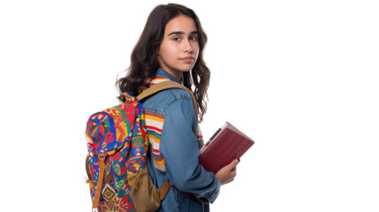 Fototapeta premium Young student holding books and looking over shoulder on transparent background