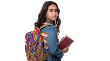 Young student holding books and looking over shoulder on transparent background