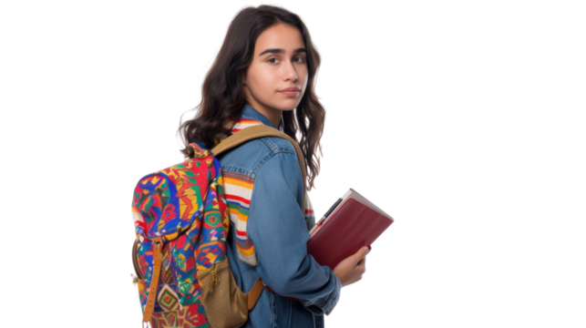 Young student holding books and looking over shoulder on transparent background